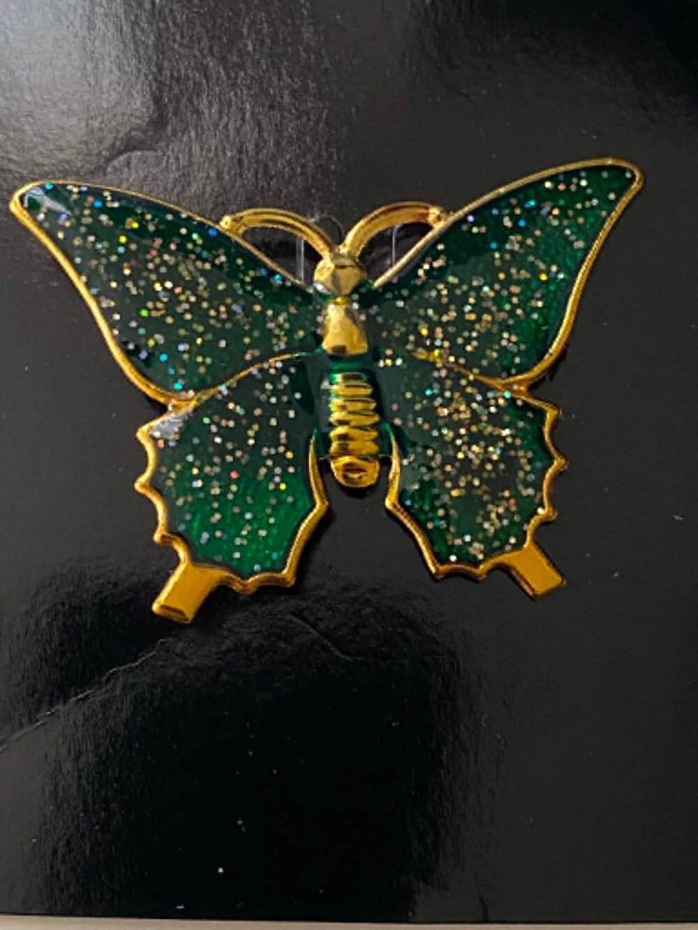 Vintage Circa 1980's Green Glitter Enamel Butterfly Brooch Pin